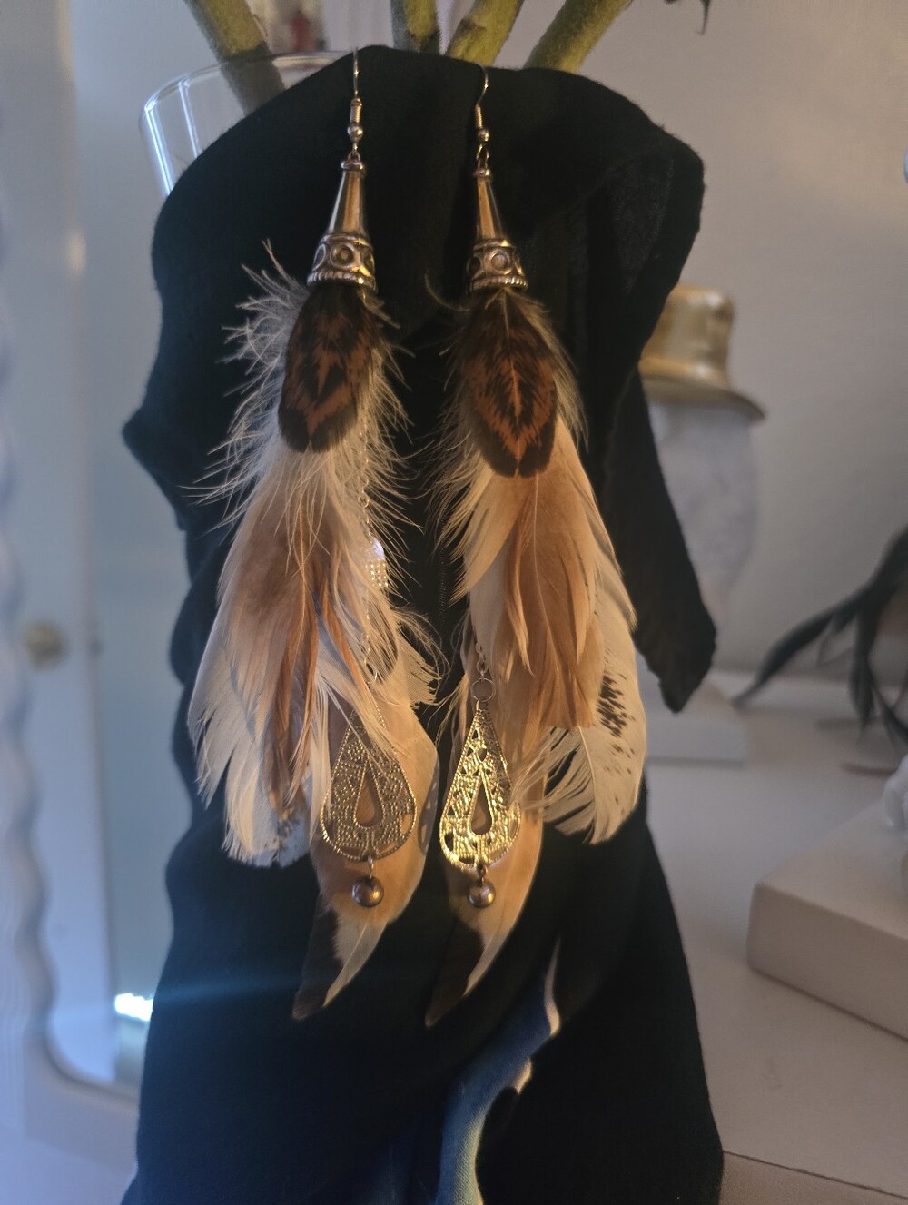 New!Feather Drop Earrings Tan Cream Feathers Silver Accents Native Handcrafted